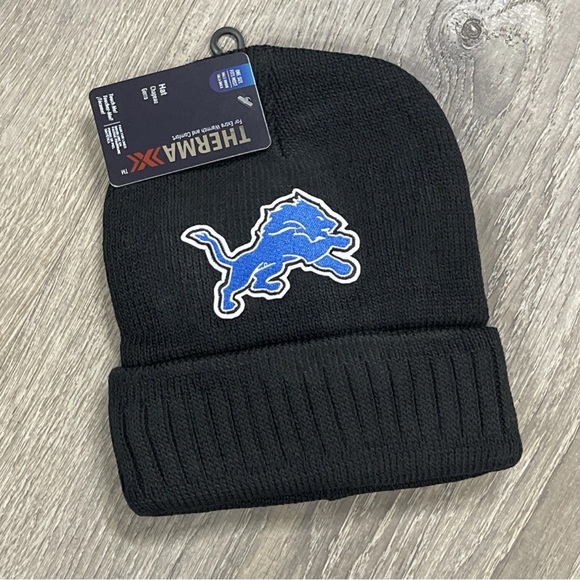 Accessories - Black Knit Beanie with Blue Detroit Lions Logo